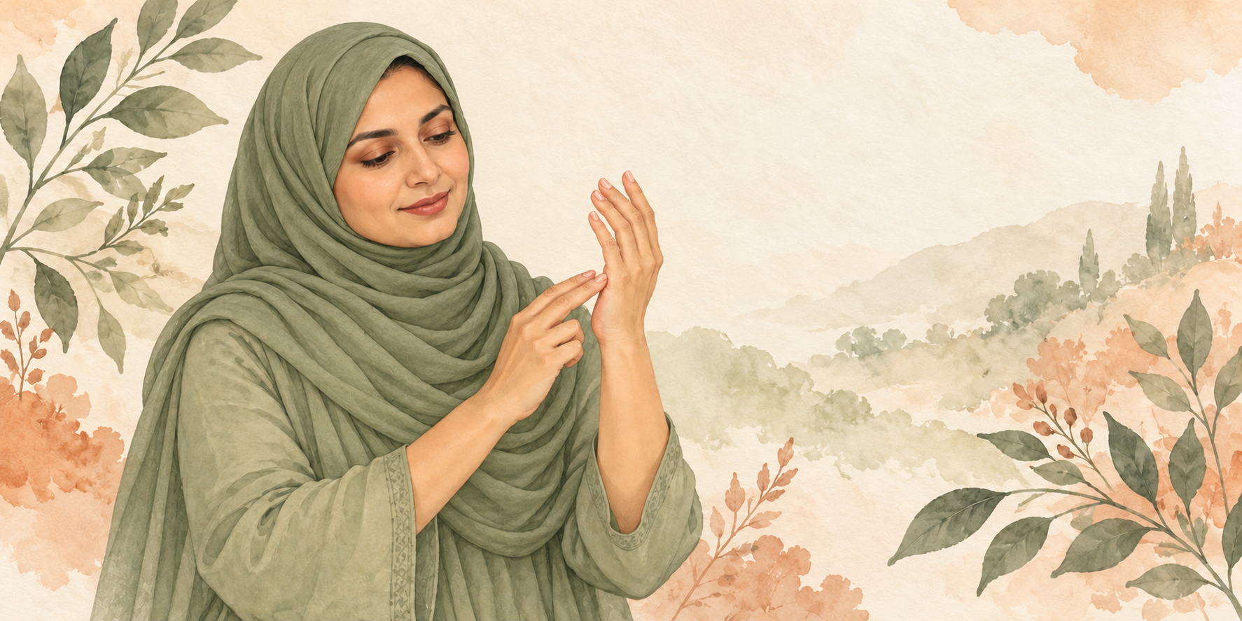 Watercolour illustration of a woman wearing a sage-green hijab and demonstrating gentle tapping on the side of her hand.