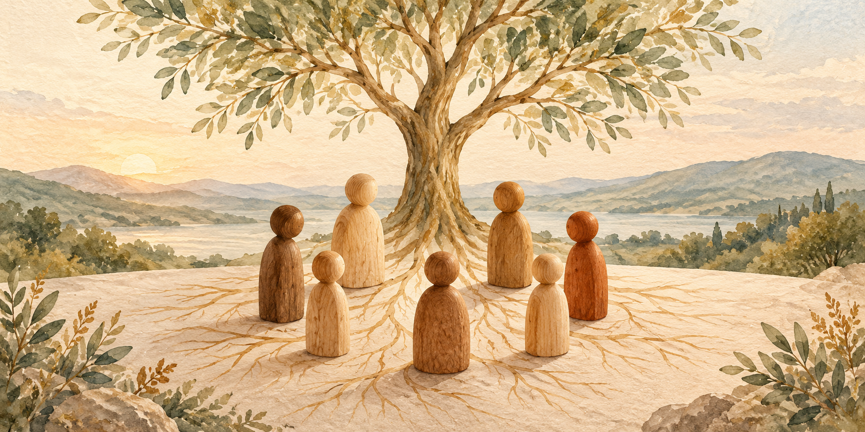 Family connections represented by wooden figures beneath a tree